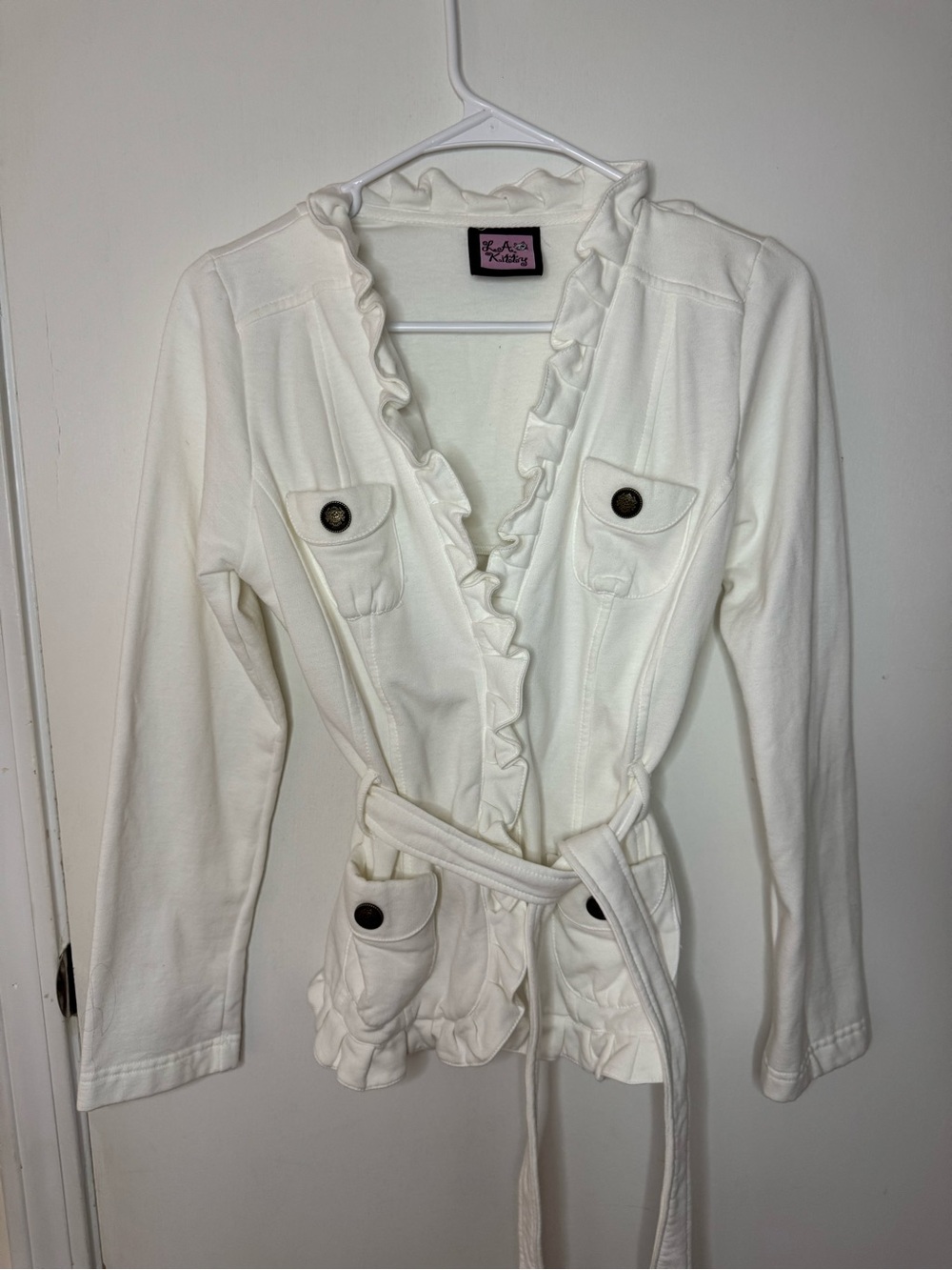 Y2K LA Kitty White Ruffle Tie Waist Jacket with Pockets